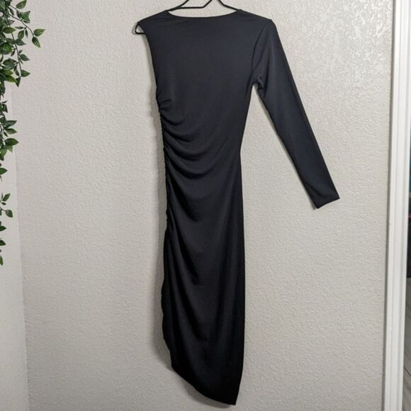 Zara Black One Shoulder Long Sleeve Bodycon Side Ruched Midi Dress Stretchy S - Picture 3 of 9